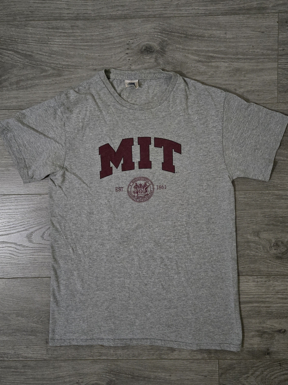MIT Gray Crew Neck T-Shirt with Maroon Lettering